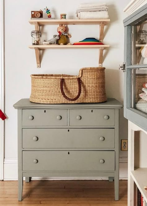 Dresser is pigeon by farrow and ball Nursery Dresser Paint Ideas, Farrow And Ball Furniture Paint, Cottagecore Dresser Furniture, Farrow And Ball Painted Furniture, Farrow And Ball Nursery, Painted Dresser Nursery, Cottagecore Baby Room, Cottagecore Nursery, Star Themed Nursery