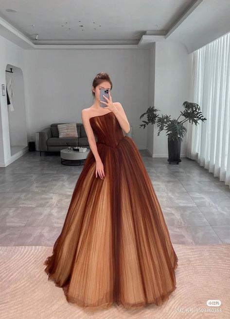 Brown Dress Formal Classy, Orange Princess Dress, Matric Ball Dresses, Brown Wedding Dress, Prom Dress Aesthetic, Princess Frocks, Ball Gowns Fantasy, Era Dresses, Brown Dresses Formal