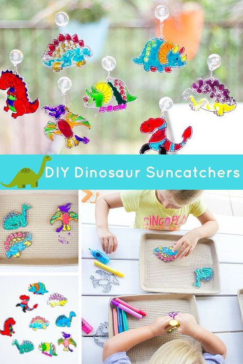 Make your windows light up with the DIY colorful dinosaur suncatchers! With multiple dinosaur designs to pick from and easy-to-use paint pens, kids of all ages will enjoy this simple dinosaur craft idea! Check out the prehistoric fun details from @designimprovise on our blog! Sun Catchers Diy, Dinosaur Craft, Diy Dinosaur, Colorful Dinosaur, Kids Things To Do, Suncatcher Craft, Dinosaur Activities, Dinosaur Crafts, Party Planning Ideas