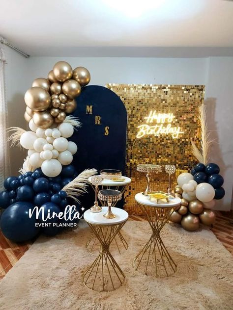 #birthdaydecor #partyplanning #celebrationideas #eventdecor #birthdayparty #decorinspiration #DIYdecor #partydecorations #birthdayfun #festivedecor 50th Decoration Ideas For Men, Blue And Gold Birthday Party, 50th Birthday Table Decorations, Blue And Gold Birthday, Prom Backdrops, 18th Birthday Decorations, Deco Ballon, Simple Birthday Decorations, Grad Party Decorations