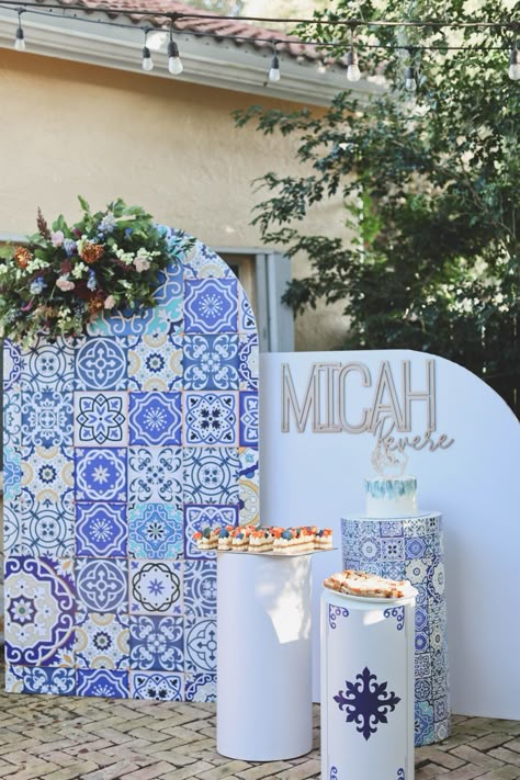 Talavera Party Backdrop, Santorini Greece Theme Party, Greece Theme Wedding Decor, Portugal Party Decorations, Clase Azul Party Decor, Talavera Photo Backdrop, Greece Hoco Theme, Santorini Theme Decor, Mama Mia Hoco Theme