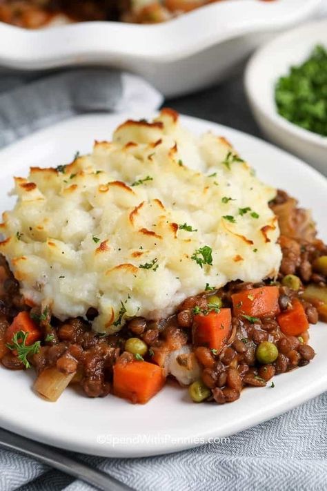 Plats Healthy, Shepards Pie, Meatless Monday Recipes, Cottage Pie, Shepherd's Pie, Tasty Vegetarian Recipes, Lentil Recipes, Vegetarian Dinners, Vegetarian Recipes Dinner