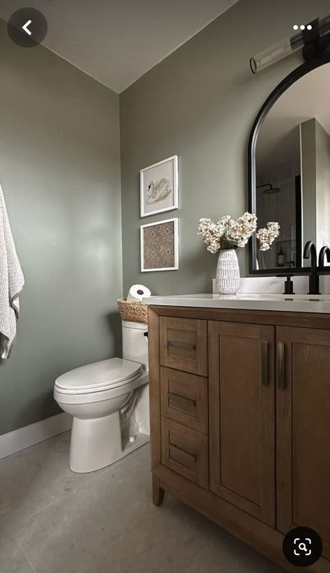 Sage Bathroom Color Scheme, Guest Bathroom Ideas Sage Green, Boho Master Bath Bathroom, Light Green Half Bathroom, Sage Colored Bathroom, Sage Green Walls Bathroom, Clary Sage Bathroom, Light Sage Bathroom, Grey Green Bathroom