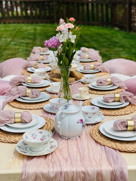 Yea Party Tablescape, Tea Party Set Up Table, Bridal Tea Party Table Setting, Mismatch Tea Party, Pink And Blue Tea Party, Gender Reveal Tea Party, Bachelorette Tea Party Ideas, Bachelorette Party Tea Party, Spill The Tea Party