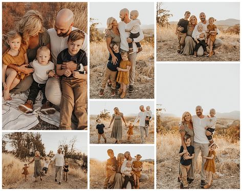 Family Photo Earth Tones, Family Of Five Photoshoot Poses, Golden Hour Family Photos Outfits, Golden Hour Photoshoot Outfit, Photography Poses Family Of Five, Neutral Tone Photoshoot Family, Family Of Five Poses, Fall Family Photos Black And Tan, Boho Fall Family Photos