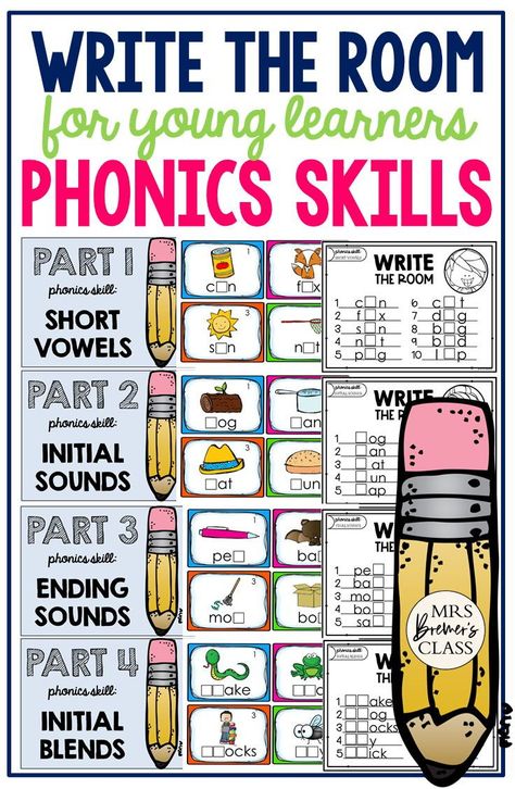 Phonics write the room activity to practice phonics and phonemic awareness skills in Kindergarten and First Grade First Grade Writing Center, Intervention Teacher, Ending Sounds, Middle Sounds, Phonics Cards, Spelling And Handwriting, 1st Grade Writing, First Grade Writing, Initial Sounds