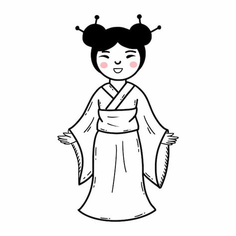 Vector japanese girl in kimono beautiful... | Premium Vector #Freepik #vector #japanese-cartoon #japanese-character #traditional-clothes #doodle-people Japanese Kimono Drawing, Traditional Clothing Drawing, Kimono Cartoon, Clothes Doodle, Kimono Illustration, Kimono Drawing, Dress Drawing Easy, Drawing Japanese, Japanese Traditional Art