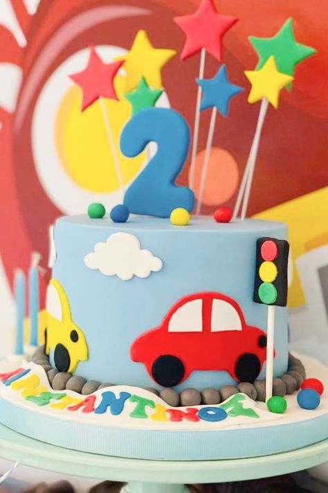 Cake Idea For Boys, Cars Trucks Birthday Party, 2nd Birthday Cake Boy, Toddler Birthday Cakes, Cars Theme Cake, Car Cakes, Second Birthday Cakes, Rainbow Cake Topper, Baby Boy Birthday Cake