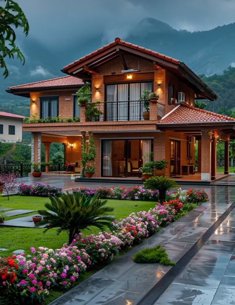 House Outer Design Aesthetic, Indian House Aesthetic Exterior, Mideterranean House Aesthetic, Home Building Tips, Building House Plans Designs, Spanish Style Home, Unique House Design, Village House Design, House Outside Design