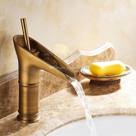 2017 Antique Brass Copper Swivel Kitchen Sink Bathroom Basin Mixer Tap Faucet Waterfall Vessel Filler Single Hole Bamboo Style From Top_seller_2014, $52.29 | Dhgate.Com Antique Faucet, Gold Bad, Rustic Sink, Antique Brass Faucet, Vintage Style Bathroom, Tap Bathroom, Antique Brass Bathroom, Waterfall Faucet, Vessel Sink Faucet