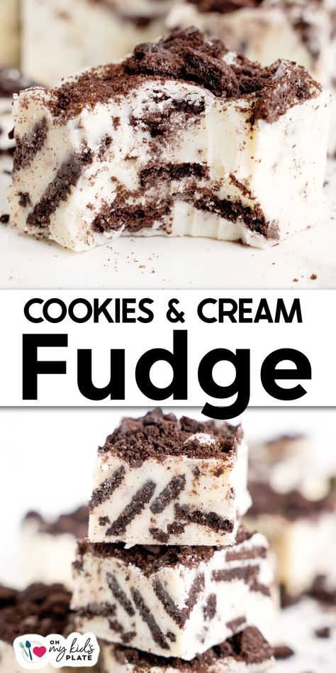 Creamy cookies and cream fudge starts with a gooey white chocolate fudge then mixes in chocolate Oreo cookies for a decadent fudge you'll love! This delicious treat only needs a few ingredients and is so easy to make homemade! Peanut Butter Fudge With White Chocolate, Creamcycle Fudge, Cheesecake Fudge Easy, Fudge Made With Frosting, Cookies And Cream Recipes, Creamy Cookies, Oreo Fudge Recipe, Fudge Oreo, Chocolate Oreo Cookies