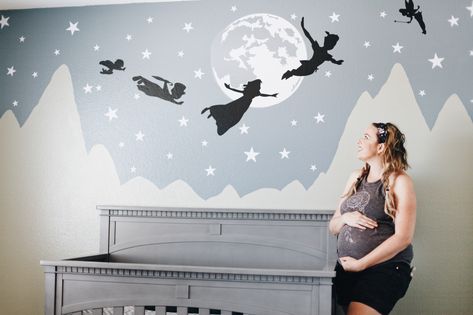 Peter Pan theme nursery. Nursery Ideas Peter Pan, Peter Pan Mural Nursery, Peter Pan Bedroom Neverland Nursery, Nursery Peter Pan, Peter Pan Mural, Peter Pan Themed Nursery, Magic Nursery, Disney Nursery Ideas Gender Neutral, Peter Pan Nursery Ideas