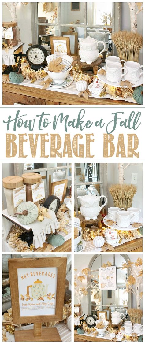 Lots of cute ideas to create your own fall beverage bar. Free printables included. / #freeprintables #beveragebar #hotchocolatebar #falldecor #fallideas #falldecorating Friendsgiving Drink Station, Thanksgiving Beverage Station, Hot Beverage Bar Ideas, Beverage Bar Ideas, Thanksgiving Coffee Bar, Fall Coffee Bar Ideas, Spiced Hot Chocolate Recipe, Fall Hot Chocolate, Hot Beverage Bar