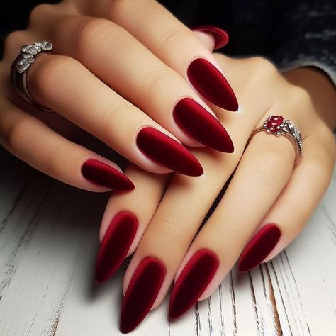 Bordo Nails, Stiletto Shaped Nails, Red Stiletto Nails, Nails Painted, Elegance Dress, Outfit Art, Velvet Nails, Gel Nail Art Designs, Nail Shimmer