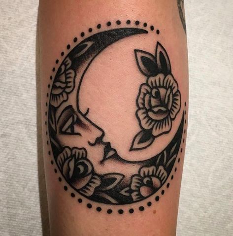 American Traditional Moon Tattoo, American Traditional Moon, Traditional Moon Tattoo, Traditional Moon, Traditional Tattoo Woman, Traditional Black Tattoo, Traditional Tattoo Inspiration, Traditional Tattoo Flowers, Tattoos Infinity