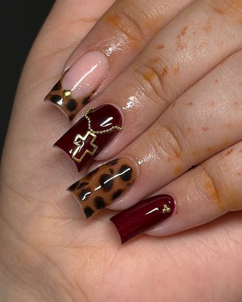 how cute are these 🥹🩸 .. .. .. #nailtech #nailinspiration #nailideas #nailinspo #nailtrends #naillove #nailarts #rednails #shortnails #wylienails #dallasnails #nailzbymb Red Acrylic Overlay Nails, Nails With Prints, Nails With Dark Colors, Tortoise Nails With Gold, January Nail Ideas Short, Short Nails Cheetah Print, Cheetah Print Short Nails, Burgundy Leopard Nails, Nails No Gems