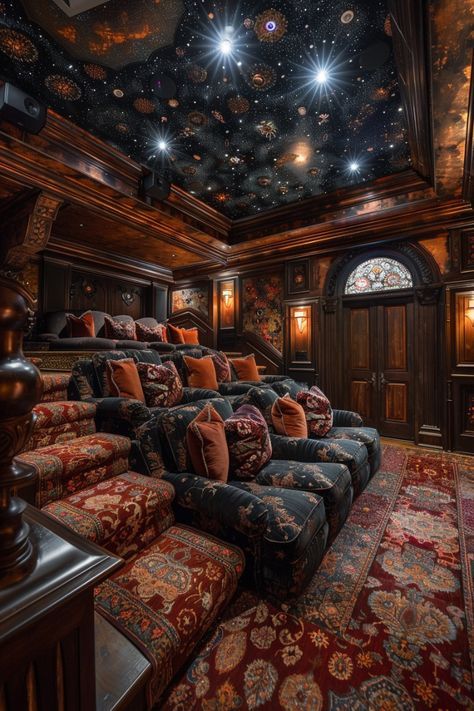 Home Movie Theatre Ideas, Castle Living Room Aesthetic, Home Movie Theater Aesthetic, Amazing Living Rooms, Cinema Room Ideas, Basement Theater Room Ideas, Luxury Movie Theater, Luxury Home Cinema Room, Theater Room Ideas