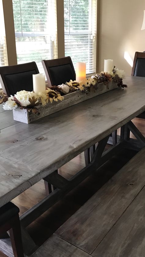 Table and long box centerpiece for fall🍂 Long Table Centerpieces For Home, Wood Tray Centerpiece, Dining Table Decor Centerpiece, Christmas Dining Table Decorations, Long Table Centerpieces, Outdoor Dinner Table, Dining Table Decorations, Box Centerpiece, Christmas Dining Table Decor