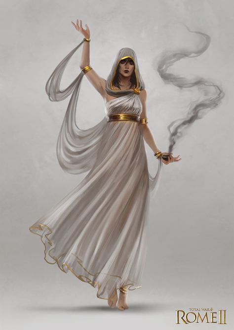 Total War: Rome II - Oracle Concept Art by Sandra Duchiewicz / telthona Greek Robes Female, Desert Priestess, Fantasy Priest, Fantasy Magic, Tatuaje A Color, Female Human, Fantasy Rpg, Fantasy Inspiration, Girls Characters