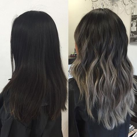 Black Silver Ombre, Ash Gray Hair Color, Silver Ombre Hair, Gray Highlights, Grey Ombre Hair, Black Hair Balayage, Ash Hair Color, Black Ponytail Hairstyles, Silver Ombre