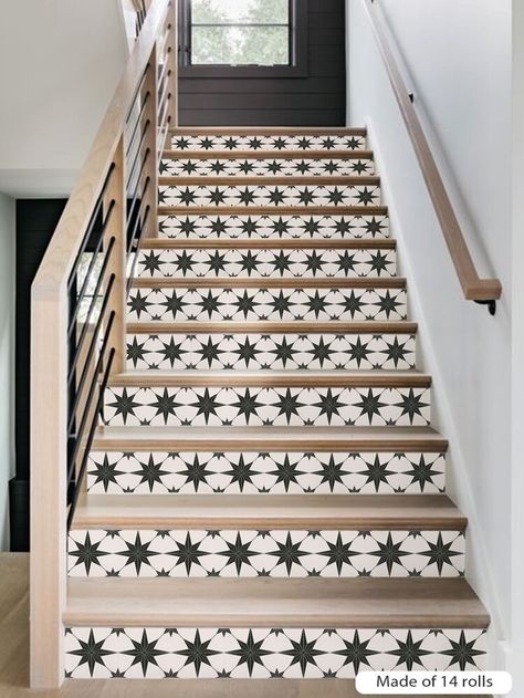 1roll Geometric Pattern Self-adhesive Stair Sticker | SHEIN USA Stenciled Stairs, Vinyl Stair Risers, Staircase Decals, Vinyl Stairs, Stair Decals, Stairs Renovation, Rustic Stairs, Stair Riser Decals, Stair Stickers