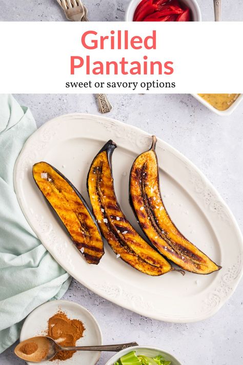 Make the best plantains on the grill! These can be made sweet or savory and are ready in just 15 minutes. #sidedish #kidfriendly #quickandeasy Grilled Plantains, Peach Pork Chops, Grilled Bananas, Grilled Cabbage, Fruit Recipes Healthy, Plantain Recipes, Slender Kitchen, Healthy Grilling, Quick Healthy Meals