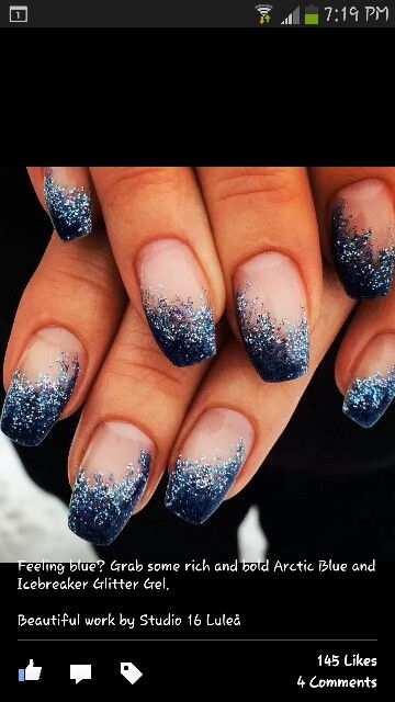 Navy Blue And White Ombre Nails, Navy Blue Wedding Nails For Bride, Blue And White Nail Designs, Navy And Silver Nails, Blue And White Nail, Glitter Gradient Nails, Charity Ball, Blue Gel Nails, Hard Gel Nails