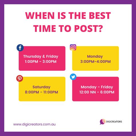 For brands to succeed on social media, there are several factors needed to be considered. One of which is determining the best day and time to post. Luckily, we've prepared a cheatsheet on social media timetables to schedule your content and heighten your reach and engagement: FACEBOOK Thursday and Friday 1:00PM - 3:00PM Is it weekend yet? The closer the weekend comes about, the more people check out and check in to Facebook. INSTAGRAM Monday 3:00PM-4:00PM A lot of companies use IG duri Best Time To Post, Social Media Engagement, The Best Day, Day And Time, Good Friday, Long Weekend, Check In, Facebook Instagram, Social Media Design