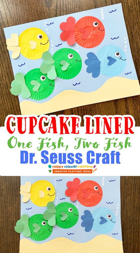 Dr Seuss Fish Craft, One Fish Two Fish Activities Preschool Dr. Seuss, One Fish Two Fish Red Fish Blue Fish Craft, One Fish Two Fish Activities Preschool, Dr Seuss Art Projects For Kids, Dr Suess Crafts For Kids, One Fish Two Fish Red Fish Blue Fish, Red Fish Blue Fish Craft, Cupcake Liner Fish