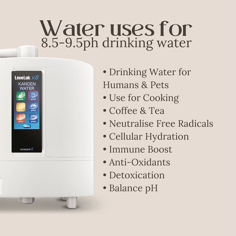 Let’s breakdown Kangen water 💧 Well first things first, what is Kangen water? Kangen water is ionised, activated, living water that is created through the process of electrolysis.⚡️ Our K8 machines offer a staggering 85+ uses and that’s just the beginning! From transforming your home into a safer space to being an eco-friendly choice, the benefits are endless. This ioniser creates over 7 different types of water, each with its unique pH level and diverse uses! From beauty care to cooki... Business Post Ideas, Kangen Water Benefits, Kangen Water Machine, Types Of Water, Water Ionizer, Kangen Water, Water Images, Amazing Science Facts, Wellness Coaching