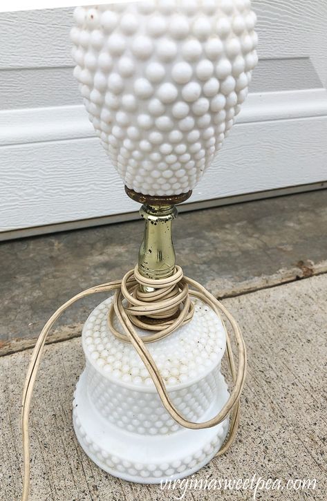 Hobnail Milk Glass Lamps, Vintage Hobnail Milk Glass Lamp, Hobnail Lamp With Shade, Milk Glass Lamp Shade, Repurpose Oil Lamps, Milk Glass Lamp Makeover, Milk Glass Table Lamp, Milk Glass Lights, Painting Glass Lamp Shades