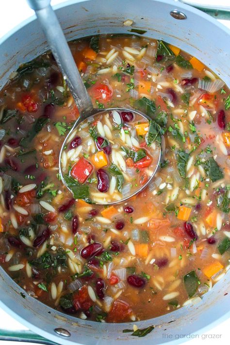 Kidney Bean, Spinach, and Orzo Soup (Easy!) Spinach And Orzo, Kidney Bean Soup, Vegan Weeknight Meals, Garden Grazer, Folding Tips, Recipes With Kidney Beans, Orzo Soup Recipes, Bean And Vegetable Soup, Freezing Food