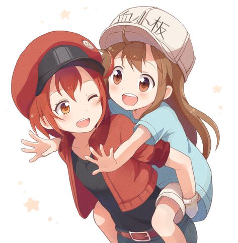 Cells at Work! Chibi Piggyback, Piggyback Drawing, Ride Drawing, Cells Art, Piggyback Ride, Cell At Work, Work Anime, Piggy Back Ride, Cells At Work