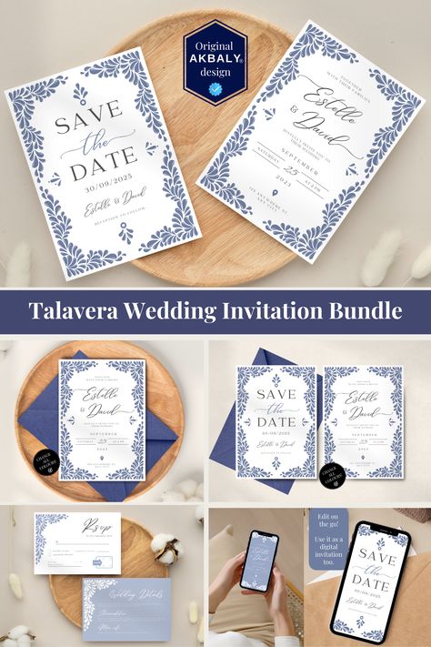 Elegant Talavera Design in Beautiful Dusty Blue, classic style, Wedding Invitation Bundle. Romantic Modern Destination Wedding, Mexico, Spain, Portugal. Set of Save the Date, Invitation, RSVP Card, Details, Place Card with matching elements. Unique and elegant. French blue Suite. Fully customizable. All you need simple Wedding Signage package designed by Akbaly Talavera Invitation, Talavera Wedding, Talavera Design, Digital Wedding Invitations, Dusty Blue Weddings, Save The Date Templates, Wedding Invitation Sets, Modern Wedding Invitations, Wedding Printables