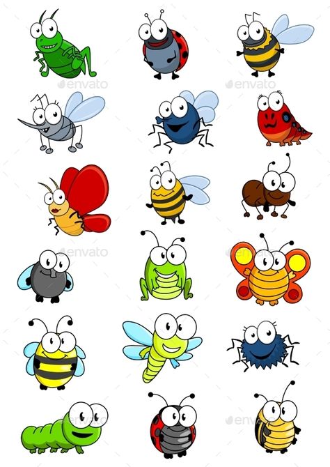 Cartooned Insects Set Flying Bugs Drawing, Cartoon Bugs Drawing, Ant Doodles, Fly Doodle, Cute Bug Drawing, Bug Vector, Fly Cartoon, Cartoon Dragonfly, Draw Bugs