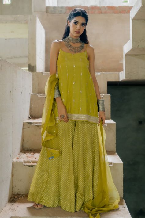 Buy Green Kurta And Sharara Spun Silk Sequin Embroidered Strappy Set For Women by Tussah by Siddhi Shah Online at Aza Fashions. Strappy Kurta, Green Sharara Suit, Green Sharara, Bandhej Print, Kurta And Sharara, Diwali Outfits, Bridesmaid Saree, Kaftan Designs, Embroidered Motifs