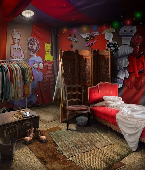 Circus Dressing Room, Abandoned Circus Aesthetic, Circus Room Aesthetic, Clown Room Aesthetic, Circus Interior Design, Creepy Circus Aesthetic, Old Circus Aesthetic, Clown Bedroom, Circus Lighting