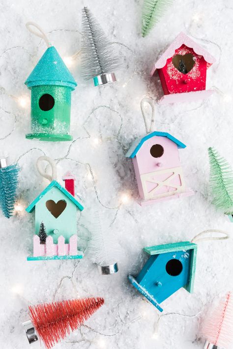 DIY Christmas Village Ornaments | Christmas crafts, holiday entertaining tips, Christmas cocktails and more from entertaining blog @cydconverse Christmas Birdhouses Ideas Diy, Christmas Birdhouse, Holiday Ornaments Diy, Mini Birdhouse, Painted Birdhouses, Cookie Birthday, Birdhouse Ornaments, Entertaining Tips, Rustic Birdhouse