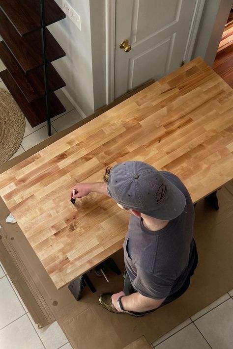 best way to seal butcher block countertops Navy Blue Kitchen Cabinets Modern Butcher Blocks, Diy Desk With Butcher Block Top, Polyurethane Wood Countertops, Poly Butcher Block Countertops, Butcher Block Color Ideas, Butcher Block Ideas Projects, Butcher Block Kitchen Table Diy, Wood Stain Colors Butcher Block, Wood And Marble Countertops