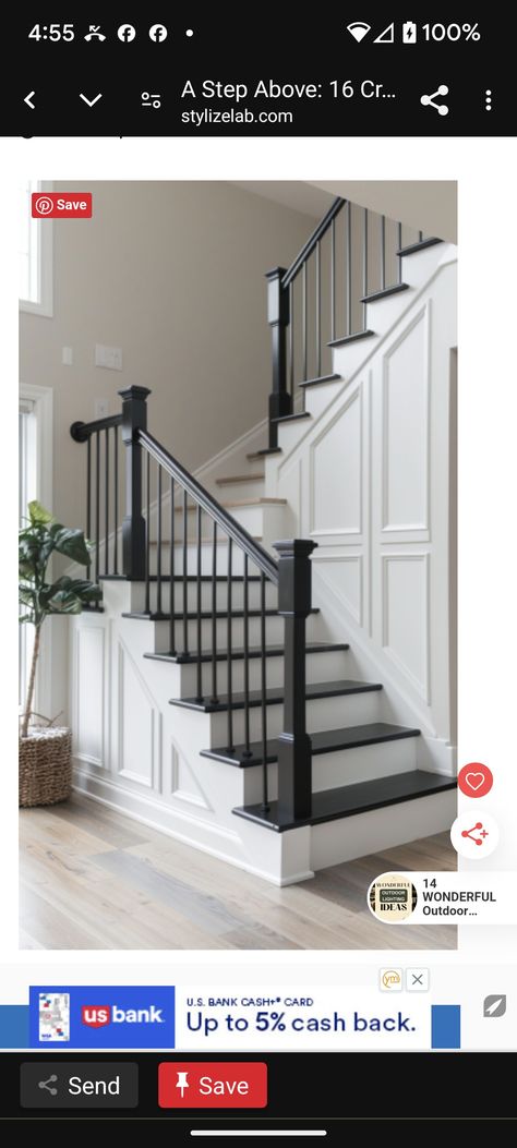 Black Stairway Railing, Grey Stair Railing, Black Banisters And Railings, Black Staircase Railing, Railing Redo, Black Banister, Iron Staircase Railing, Black Staircase, Gray Stairs