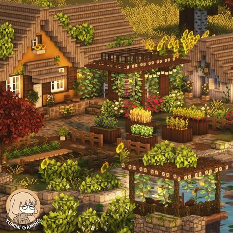 Minecraft House With Garden, Minecraft Building Ideas Mizuno, Cottage Core Minecraft Garden, Cottagecore Minecraft Garden, Minecraft Garden Aesthetic, Minecraft Community Garden, Minecraft Build Cottagecore, Minecraft Library Aesthetic, Minecraft Mizunos House