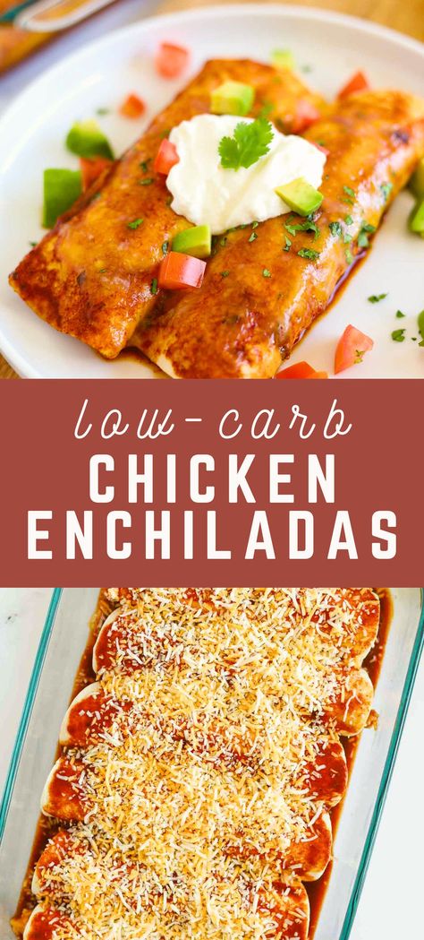 This keto and low carb chicken enchilada recipe is made with low carb enchilada sauce, shredded chicken, and green chilis. Top it with melted cheese, sour cream, and avocado for the perfect keto enchilada! keto mexican dinner | low carb mexican dinner dishes Low Carb Mexican Dishes, Keto Recipes Using Shredded Chicken, Keto Green Chili Chicken Taquitos, Low Carb Smothered Chicken, Low Carb Green Chili Chicken Enchiladas, Low Fat Chicken Enchiladas, Low Carb Shredded Chicken Recipes, Low Carb Enchilada Casserole, Keto Shredded Chicken Recipes