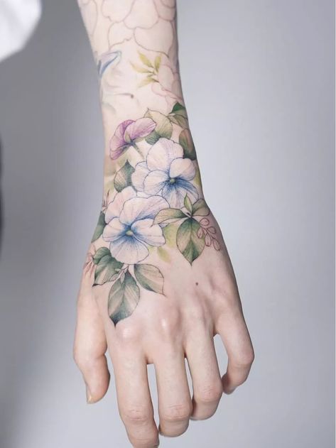 Hydrangea Rose Tattoo, Pastel Floral Sleeve Tattoo, 3d Floral Tattoo, Hydrangea Wrist Tattoo, Realistic Hydrangea Tattoo, Hydrangea Tattoo Color, Hydragena Tattoos, Flowers Hand Tattoo, Hydrangea Tattoo Black