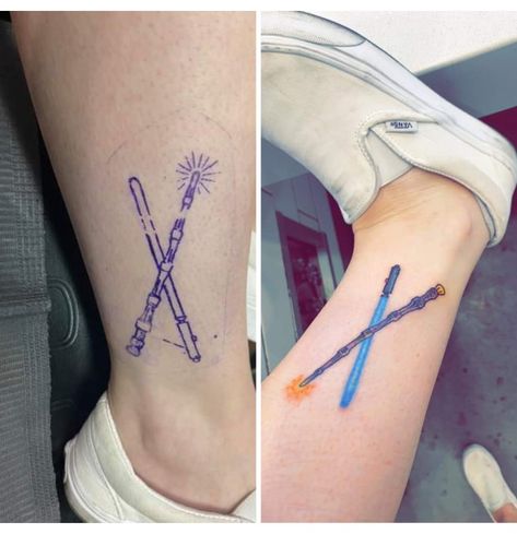 Wand And Lightsaber Tattoo, Lightsaber Tattoo, Wand Tattoo, Disney Tattoo, Leg Sleeve, Wolf Tattoos, Leg Sleeves, Disney Tattoos, Creative Tattoos