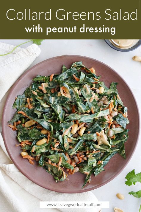 Learn how to prepare fresh collard greens with this delicious, Southern-inspired salad recipe! Raw collards are paired with carrots and black-eyed peas, then tossed in a flavorful peanut butter dressing. Peanut Ginger Dressing, Peanut Butter Dressing, Collard Greens Salad, Salad With Peanut Dressing, Butter Dressing, Collard Greens Recipe, Greens Salad, Seasonal Salad, Healthy Vegetable Recipes