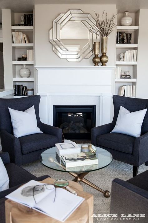 Like the chairs in front of the fireplace - the one in the front room is non-working so space isn’t really a concern. Black And Cream Living Room, Wood Fireplace Surrounds, Alice Lane, Cream Living Rooms, Cozy Living Room Design, Classic Living Room, Family Room Design, Beautiful Living Rooms, Living Room With Fireplace