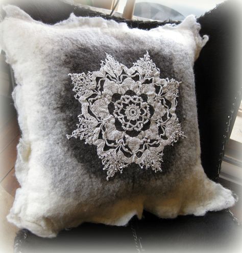 Hand felted wool and antique doiley cushion. Tovad Ull, Felt Cushion, Felt Pillow, Wet Felt, Wool Cushion, Textile Fiber Art, Wool Projects, Silk Cushions, Felt Decorations