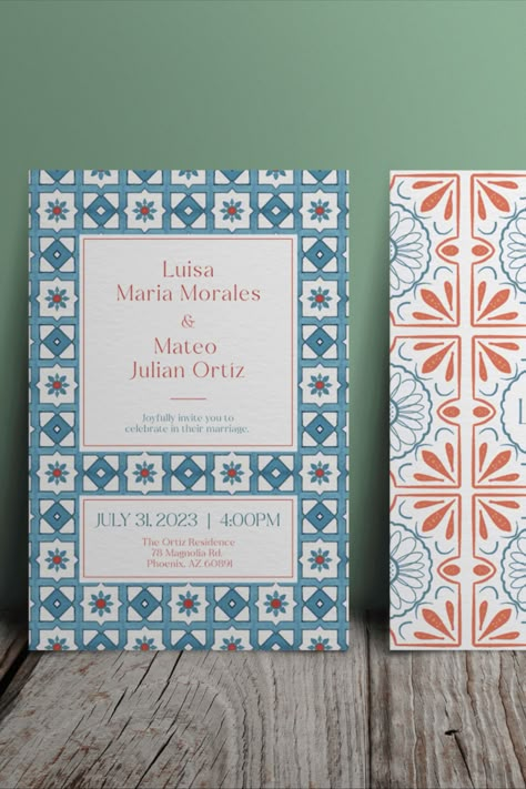 Spain Themed Wedding, Tile Wedding Invitation, Spanish Style Wedding Invitations, Wedding Spanish Style, Spanish Wedding Theme, Barcelona Wedding Invitation, Portuguese Wedding Invitations, Mediterranean Invitations, Spanish Tile Wedding