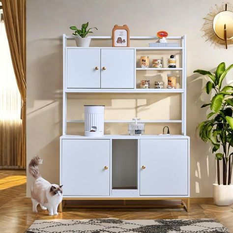 Amazon.com : JanflyHome Cat Litter Box Enclosure with Power Outlet, Upgraded 60'' Large Double Hidden Cat Litter Box Furniture with Shelf, Indoor Cat House Furniture with Cat Scratching Pad for 2 Cats, White : Pet Supplies Cat Litter Box Ideas Hidden Bathroom, Cat Litter Enclosure, Hidden Cat Litter, Indoor Cat House, Cat Litter Cabinet, Hiding Cat Litter Box, Hidden Litter Boxes, Cats White, Cat Houses Indoor