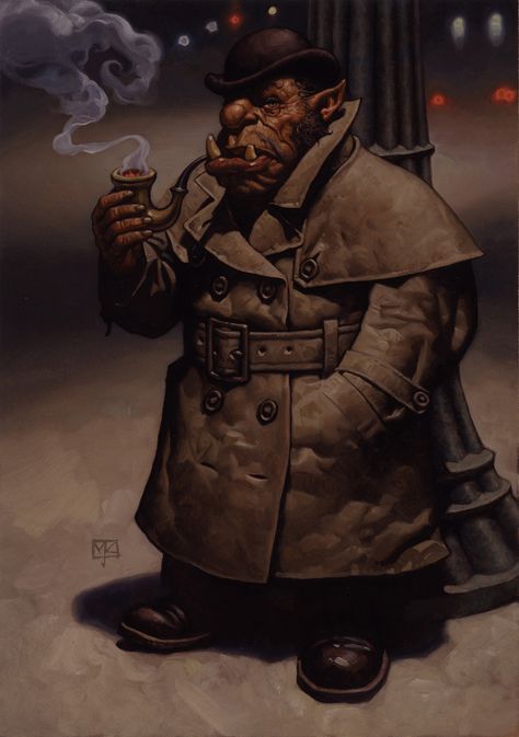 male ork detective; shadowrun Shadowrun Rpg, Art Noir, Arte Cyberpunk, Cyberpunk Character, Modern Fantasy, Fantasy Rpg, Urban Fantasy, Art And Illustration, Dieselpunk